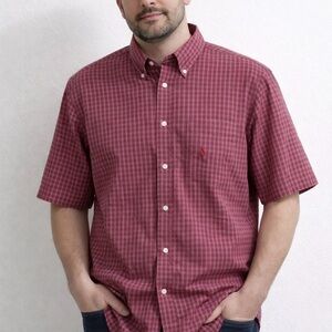 Nautica Men’s Red Plaid Button Down Shirt Size M Short Sleeve Cotton Classic Fit